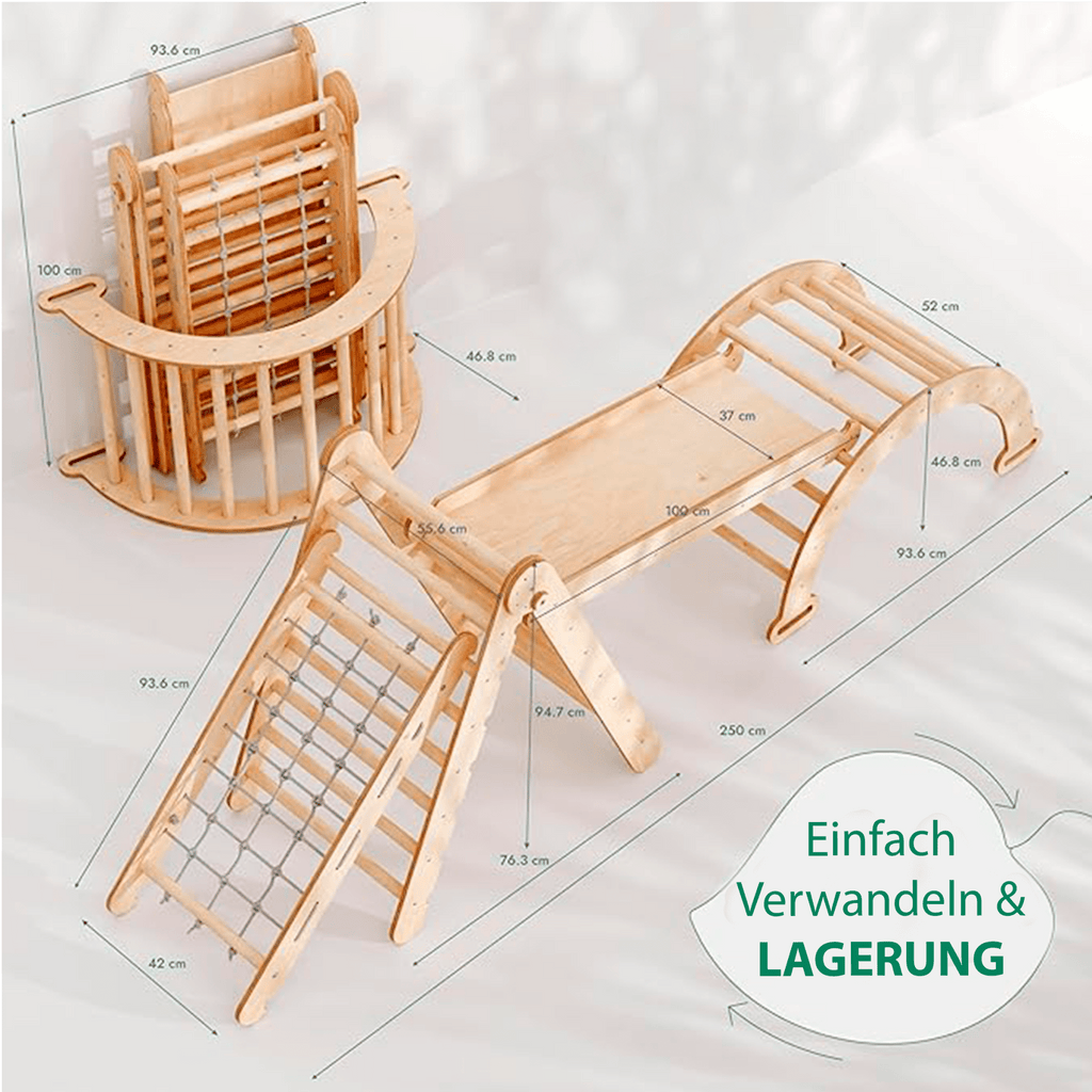 Montessori Klettergerüst 4-in-1 – Dreieck, Rutsche & Bogen (1–7 Jahre)