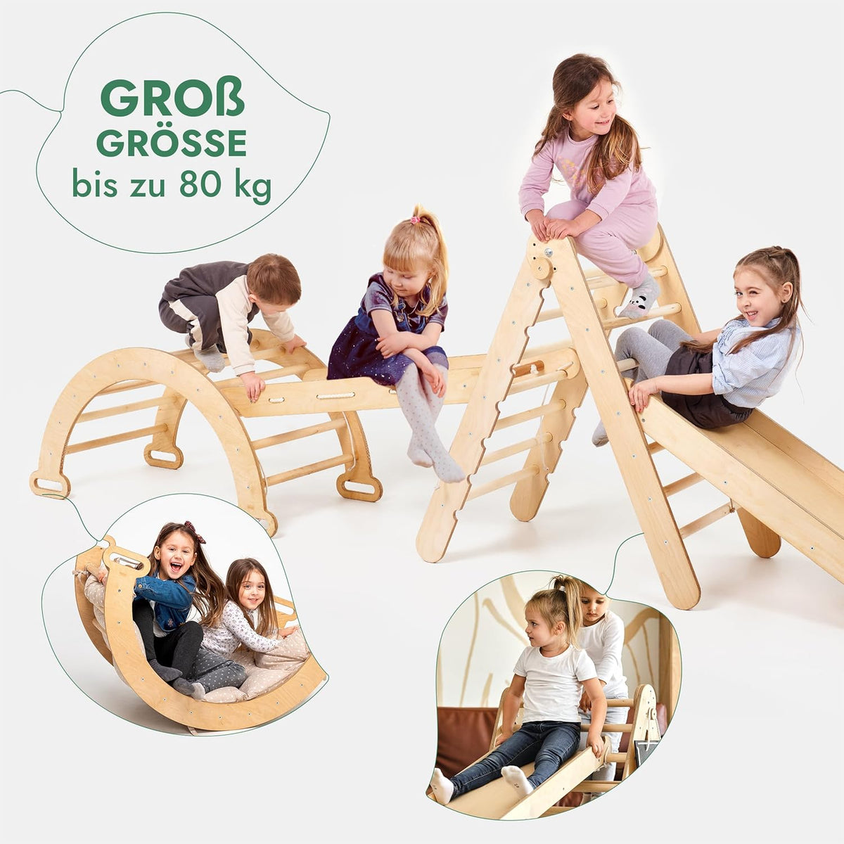 Montessori Klettergerüst 4-in-1 – Dreieck, Rutsche & Bogen (1–7 Jahre)