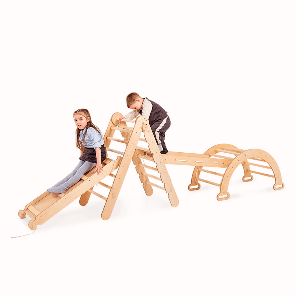 Montessori Klettergerüst 4-in-1 – Dreieck, Rutsche & Bogen (1–7 Jahre)