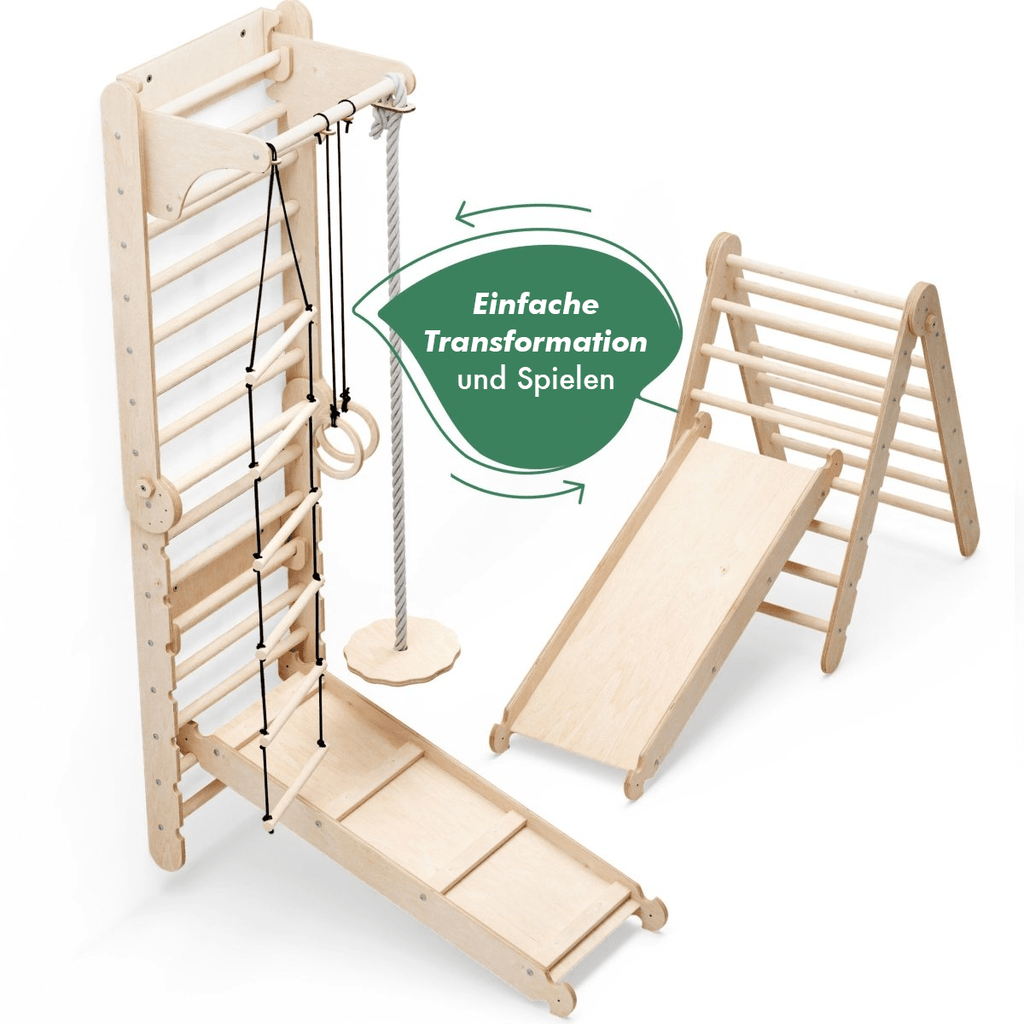 6in1 Kletterwand Indoor: Sprossenwand, Gymnastikringe, Hängende Leiter, Disc-Schaukel, Rutsche und Klimmzugstange für Kinder-3