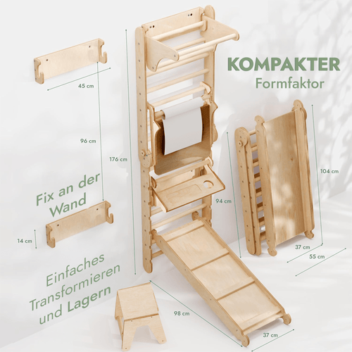 8in1 Kletterwand Indoor: Sprossenwand, Gymnastikringe, Hängende Leiter, Disc-Schaukel, Rutsche, Klimmzugstange, Maltafel und Kinderstuhl für Kinder – Beige-1