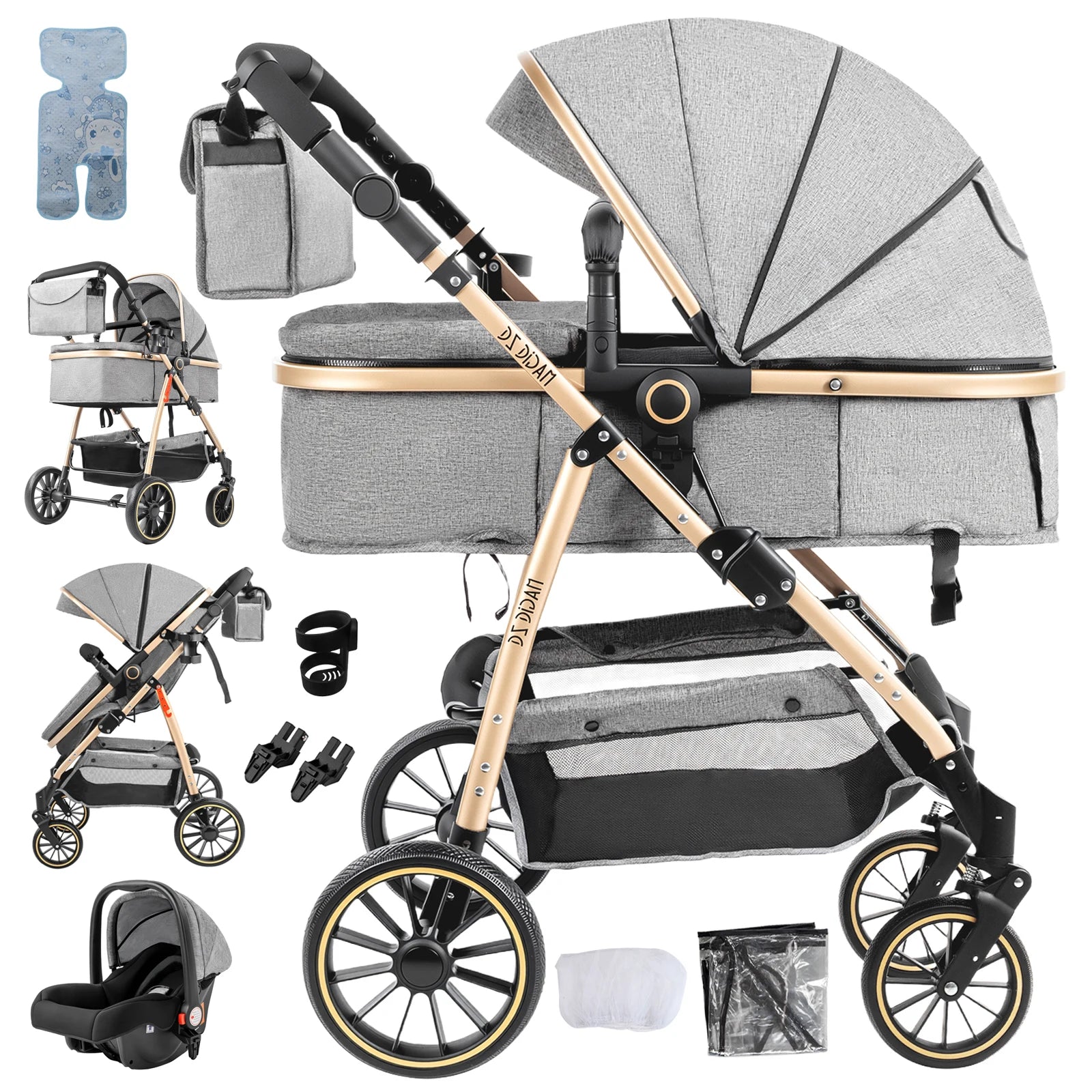 Travel System Kinderwagen 3-in-1 Leichter Kinderwagen Multifunktionaler Kinderwagen mit Aluminiumrahmen Kompakter Kinderwagen für Neugeborene