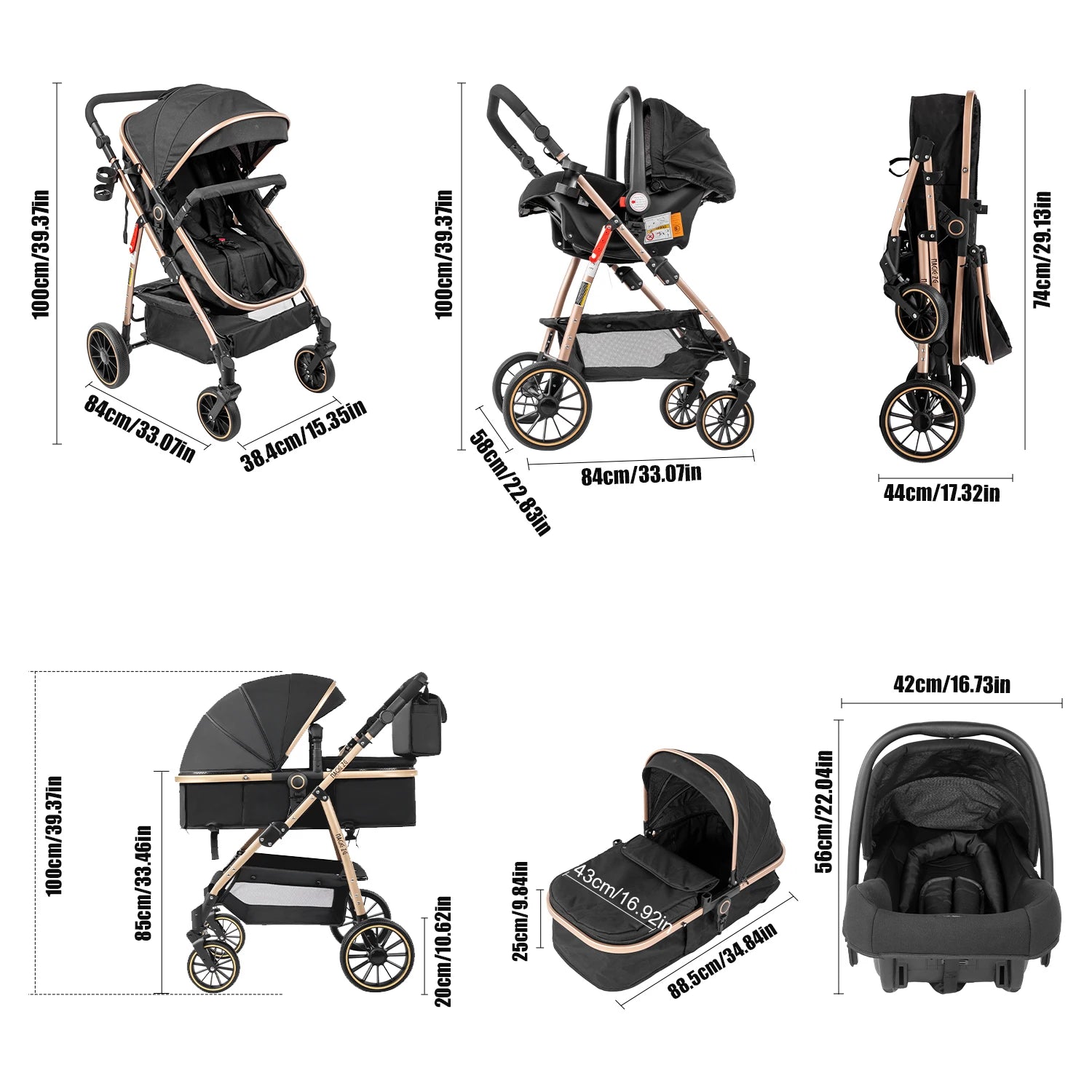 Travel System Kinderwagen 3-in-1 Leichter Kinderwagen Multifunktionaler Kinderwagen mit Aluminiumrahmen Kompakter Kinderwagen für Neugeborene