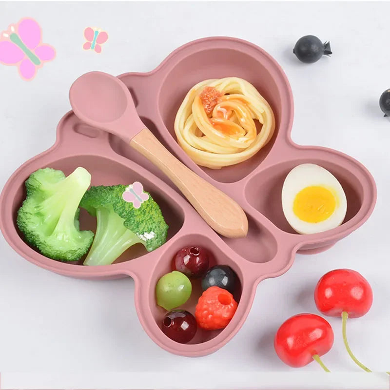 2 stücke Baby Schmetterling Silikon Teller Sauger Schüssel Unterteilt Abschnitt Traininig Selbst-fütterung Löffel Nicht-Slip Kind Geschirr set