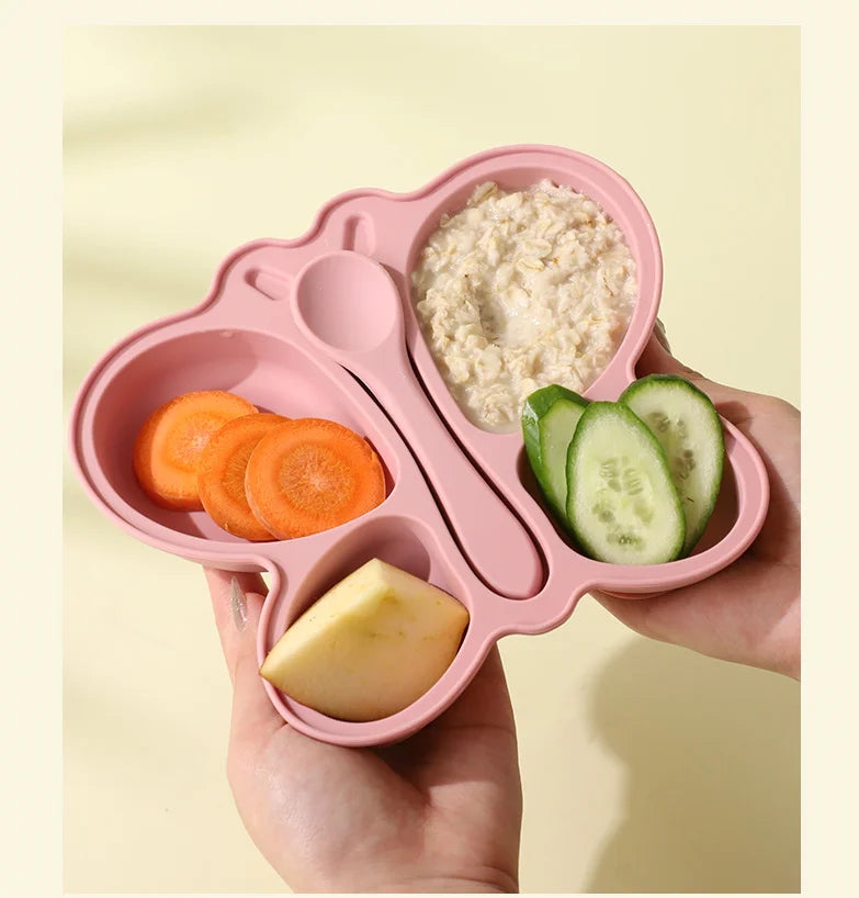 2 stücke Baby Schmetterling Silikon Teller Sauger Schüssel Unterteilt Abschnitt Traininig Selbst-fütterung Löffel Nicht-Slip Kind Geschirr set
