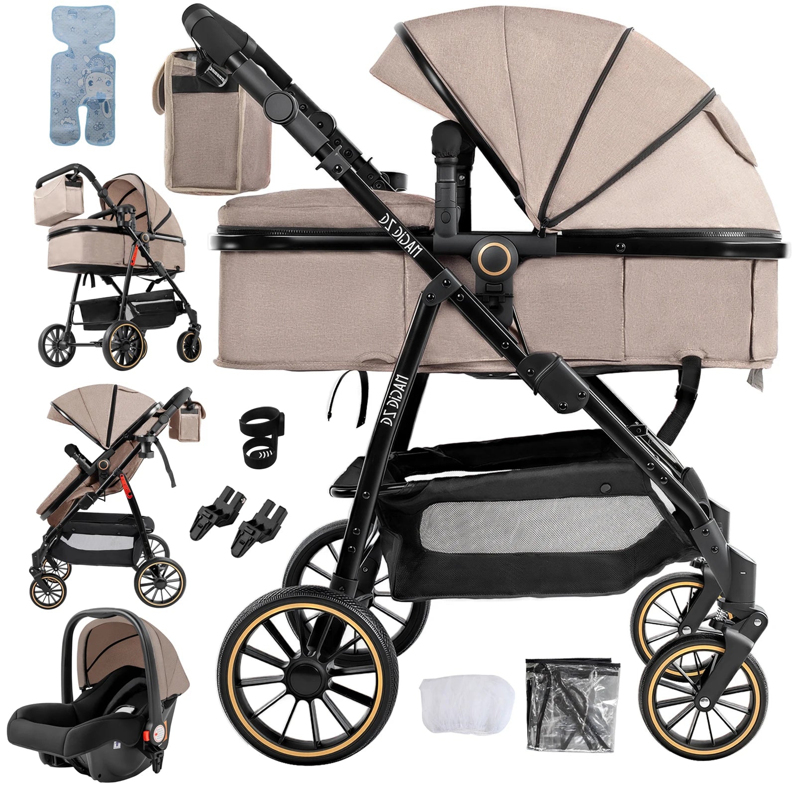 Travel System Kinderwagen 3-in-1 Leichter Kinderwagen Multifunktionaler Kinderwagen mit Aluminiumrahmen Kompakter Kinderwagen für Neugeborene