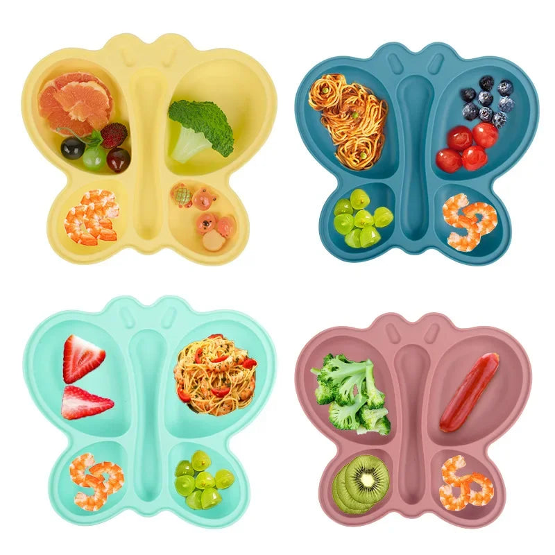2 stücke Baby Schmetterling Silikon Teller Sauger Schüssel Unterteilt Abschnitt Traininig Selbst-fütterung Löffel Nicht-Slip Kind Geschirr set