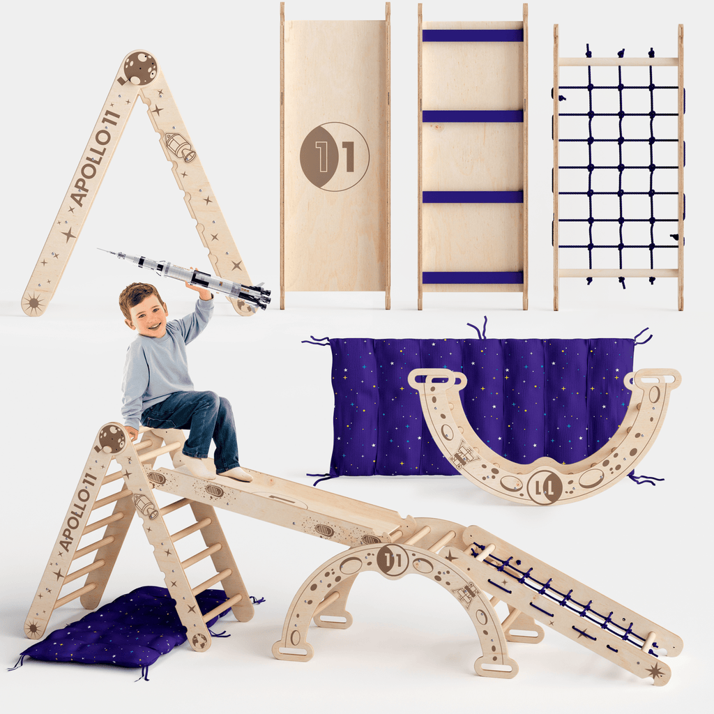 Apollo 5-in-1 Kletterset: Pikler-Dreieck, Kletterbogen, Rutschbrett, Kissen und Netz für kleine Astronauten-0