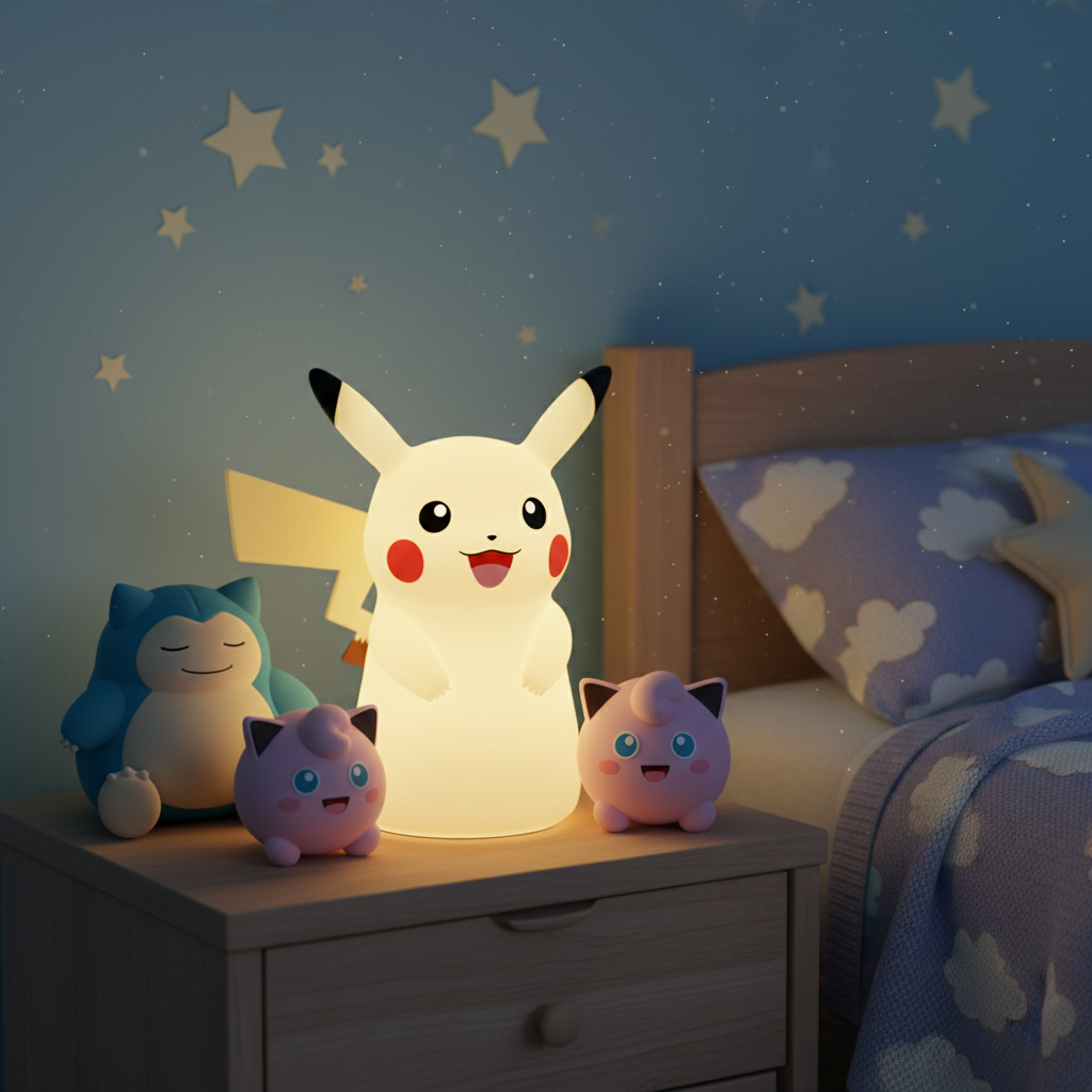 Pikachu Nachttischlampe leuchtend auf Nachttisch im Kinderzimmer